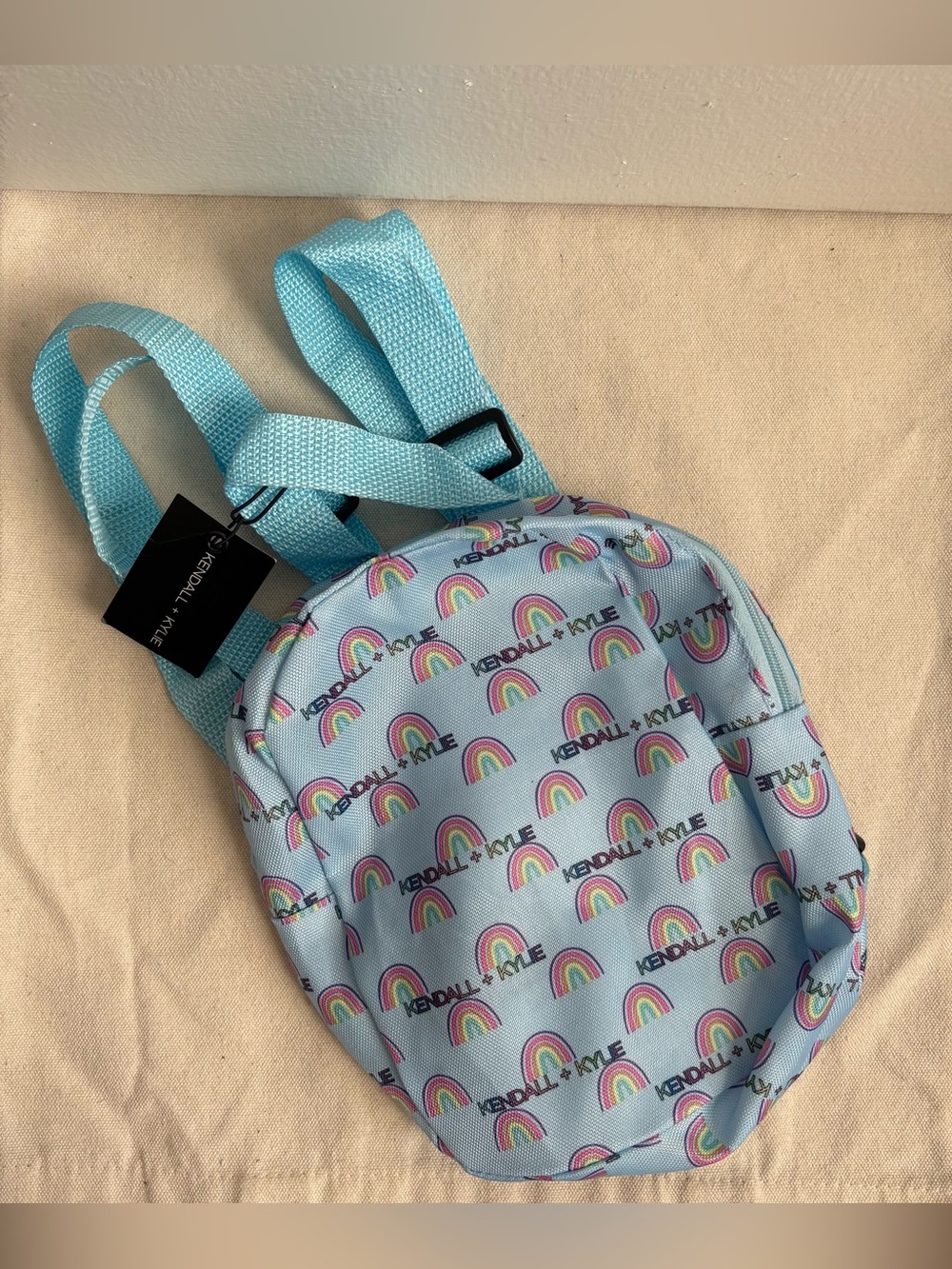 KENDALL + KYLIE Girls Mini Backpack Blue Rainbow Print Polyester Zip, Adjustable